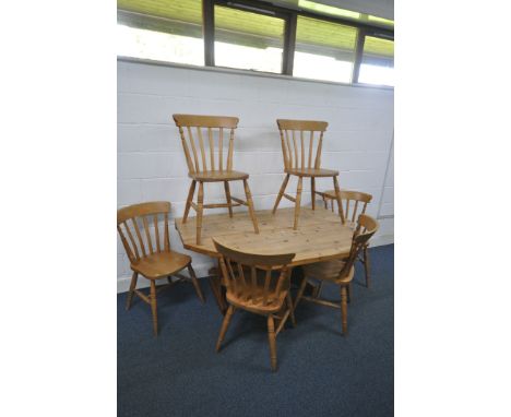 A PINE GATE LEG TRESTLE TABLE, that opens to an octagon, open diameter 152cm x closed depth 60cm x height 73cm, and six beech