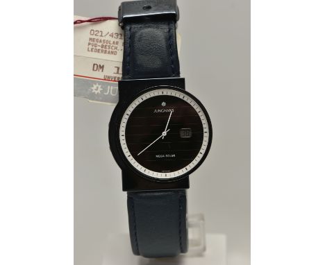 A GENTS 'JUNGHAN MEGA SOLAR' WRISTWATCH, round black dial signed 'Junghan Mega Solar', small baton markers, white hands, in a