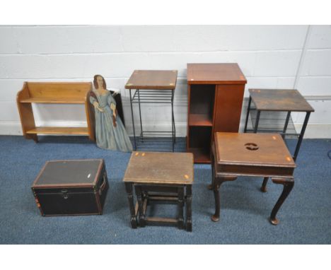 A SELECTION OF OCCASIONAL FURNITURE to include a square open bookcase, two metal framed side/lamp tables, nest of two tables,