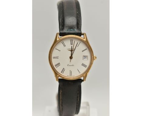 A GENTS 'LONGINES' QUARTZ WRISTWATCH, round white dial signed 'Longines quartz', Roman numerals, date window at the three o'c