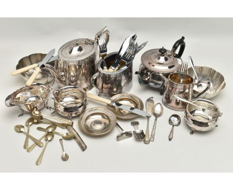 A BOX OF ASSORTED SILVER AND WHITE METAL ITEMS, to include two silver shallow dishes, hallmarked 'Mappin &amp; Webb Ltd Londo