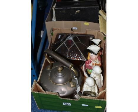 TWO BOXES OF ANTIQUARIAN BOOKS AND ASSORTED ORNAMENTS, to include a Mr. Pickwick pages from the Pickwick Papers illustrations