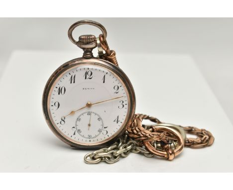 A SILVER 'ZENITH' OPEN FACE POCKET WATCH, hand wound movement, white dial signed 'Zenith', Arabic numerals, subsidiary second
