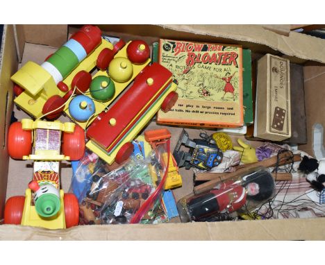 ONE BOX OF VINTAGE TOYS, to include a string puppet clown (appears hand-made), a red and yellow Lumar 33 beginners yo-yo, a s