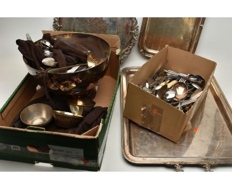 A BOX OF ASSORTED WHITE METAL WARE, to include a large rectangular tray, a silver plate on copper circular tray, a silver pla