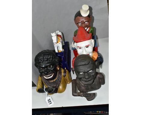 FIVE REPRODUCTION CAST IRON MONEY BOXES, including 'Trick Pony', 'Stump Speaker' and a clown, height of tallest 23.5cm (5) So