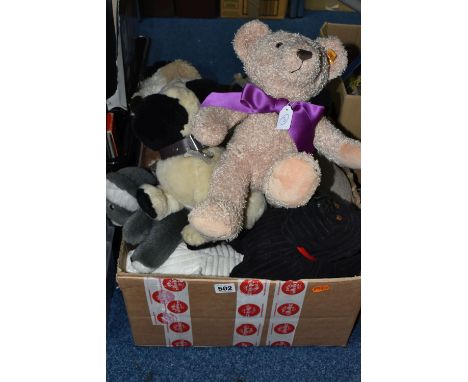 ONE BOX OF SOFT TOYS, to include a Steiff teddy 664847 with gold ear button and yellow label 2016 embroidered on right foot, 