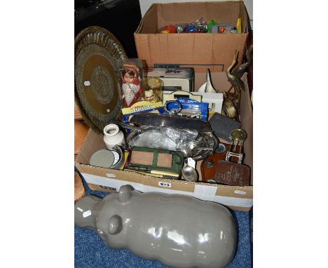 TWO BOXES AND LOOSE METAL WARES, TOYS, PICTURES AND SUNDRY ITEMS, to include two silver souvenir teaspoons, a silver butter k