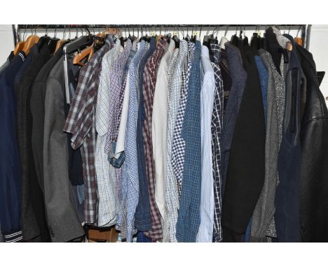 ONE BOX AND ONE RAIL OF GENTLEMEN'S CLOTHING, to include a black leather jacket by Akaso size XL, shirts, trousers, jackets a
