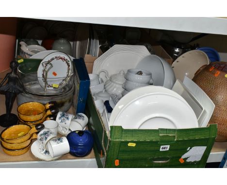 THREE BOXES AND LOOSE DINNER WARES AND COOK WARES, to include a small blue stoneware covered individual casserole dish, a Ken