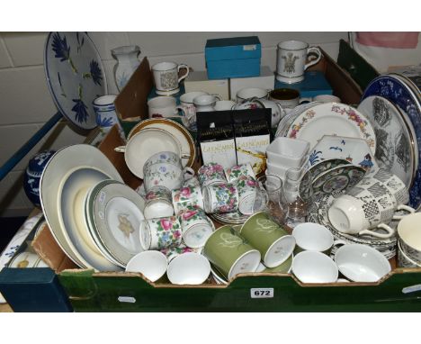 TWO BOXES AND LOOSE CERAMICS AND GLASS WARES, to include six Susie Cooper coffee cans and saucers, various Susie Cooper plate