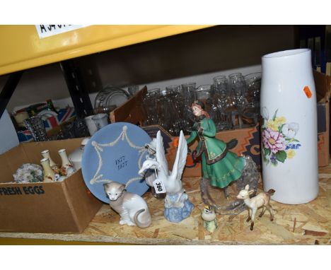 THREE BOXES AND LOOSE CERAMICS AND GLASS WARES, to include a Nao goose with outstretched wings, a Nao cat, a Nao girl holding