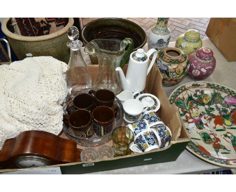 ONE BOX OF CERAMICS AND SUNDRIES, to include a circular crocheted table cloth, a French mantel clock by J.Boseck Ltd, four mi