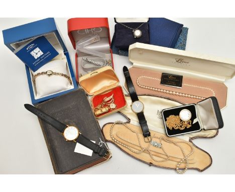 A BOX OF ASSORTED ITEMS, to include a ladys 'Rotary' quartz wristwatch, two boxed imitation pearl necklaces, a fob watch with