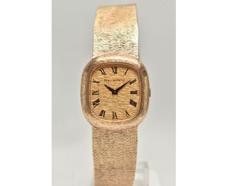 A 9CT GOLD 'BUECHE-GIROD' WRISTWATCH, hand wound movement, rectangular textured dial, signed 'Bueche-Girod' Swiss, Roman nume