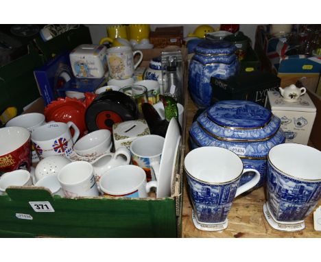 TWO BOXES AND LOOSE NOVELTY, PROMOTIONAL AND ADVERTISING CERAMICS, to include two Ringtons Millennium promotional tea caddies