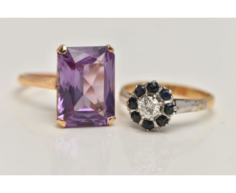 TWO GEM SET RINGS, the first designed as a four claw set, rectangular cut synthetic sapphire, open work gallery, polished ban