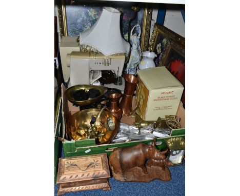 ONE BOX OF ORNAMENTS, PICTURES AND TABLE LAMP, to include a 1967 Singer sewing machine, ceramic figural table lamp and shade,