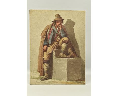 JAMES HAYLLAR (1829-1920) A PORTRAIT OF A MALE FIGURE, the man is seated upon a stone block with one foot raised, signed bott