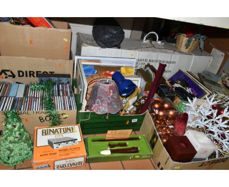 FIVE BOXES OF MISCELLANEOUS SUNDRIES, to include a vintage Nippon Busicom pinwheel mechanical calculator, a boxed Dolmetsch r