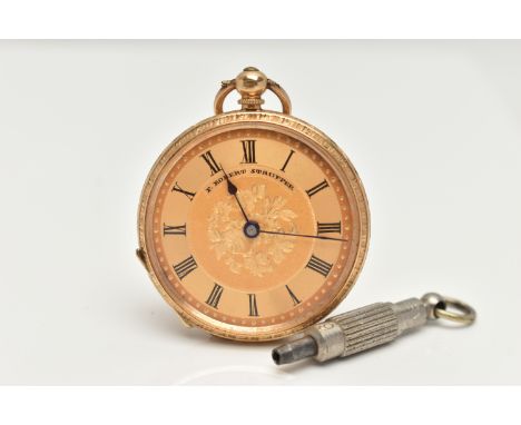 A YELLOW METAL OPEN FACE POCKET WATCH, key wound, round gold floral detailed dial, signed 'F.Robert Stauffer', Roman numerals