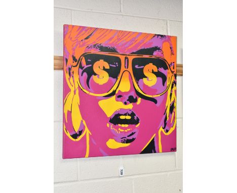 LEON KEAY (BRITISH 1976) 'POP STAR DOLLAR SIGNS', a pop art style portrait depicting a female figure wearing sunglasses, sign