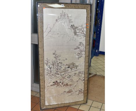 A LARGE CHINESE SILK PANEL HOUSED IN A PERSPEX FRAME, depicting a landscape with buildings to the lower half with a mountain 