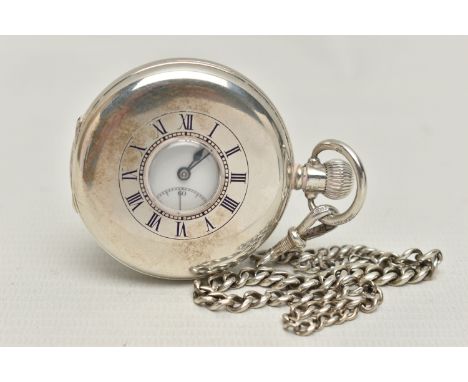 A SILVER HALF HUNTER POCKET WATCH AND AN ALBERT CHAIN, manual wind, round white dial, Roman numerals, subsidiary seconds dial