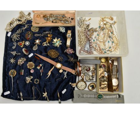 A BOX OF ASSORTED COSTUME JEWELLERY, WATCHES AND OTHER ITEMS, to include a gents 'Sekonda' wristwatch stamped 155141, a gents