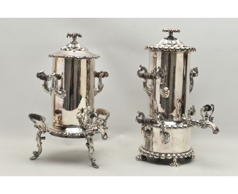 TWO SILVER PLATE SAMOVAR, the first a samovar decorated with four acanthus leaf and carved ebony handles, scalloped edges, a 