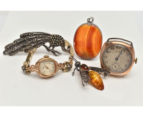 TWO 9CT GOLD WATCHES AND OTHER ITEMS, hand wound movement, round dial, Arabic numerals, subsidiary dial at the six o'clock po