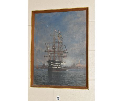 AN EARLY 20TH CENTURY OF HMS VICTORY FIRING HER GUNS, behind her are modern war ships and docklands, indistinctly signed and 