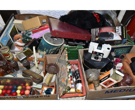 FOUR BOXES OF MISCELLANEOUS SUNDRIES, to include vintage Christmas ornaments, a set of snooker balls, several sets of Unicorn