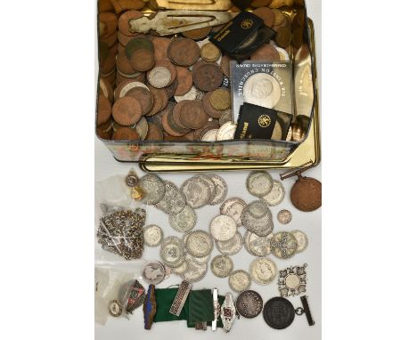 A SWEET TIN CONTAINING UK COINS, to include a special Constabulary Award for Faithful Service To Sub CMD R. Nowlson George V,
