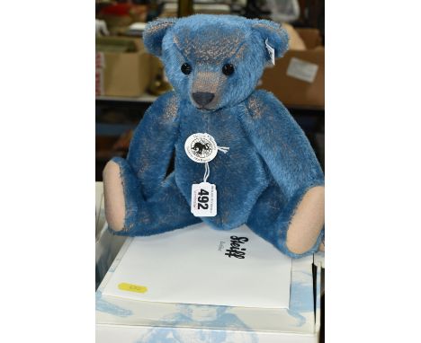 A BOXED STEIFF LIMITED EDITION REPLICA 1908 MOHAIR TEDDY BEAR, No.403002, from 2009, blue, limited edition No.233 of 1908, in