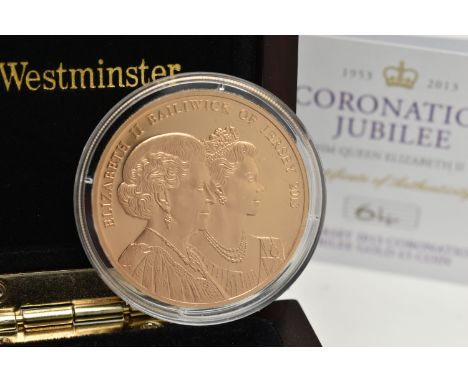 A BOXED THE JERSEY 2013 CORONATION JUBILEE GOLD FIVE POUND COIN, double portrait by David Cornell, No. 64 of Edition Limit 95