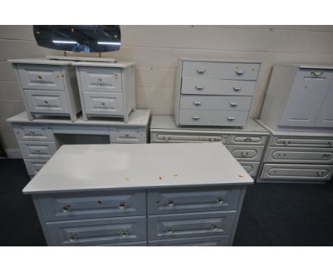 A SELECTION OF WHITE BEDROOM FURNITURE, of various styles, to include chest of drawers, dressing tables and a pair of bedside