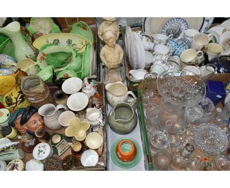 FOUR BOXES AND LOOSE CERAMICS AND GLASS WARES, to include a green studio Susie Cooper jug, height 12.5cm, a Beswick 'Circus' 