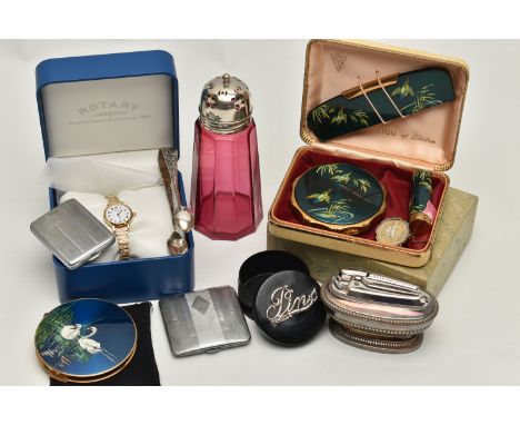 A BOX OF ASSORTED ITEMS, to include a 'Ronson' table lighter, two match stick cases, a 'Stratton' compact decorated with swan