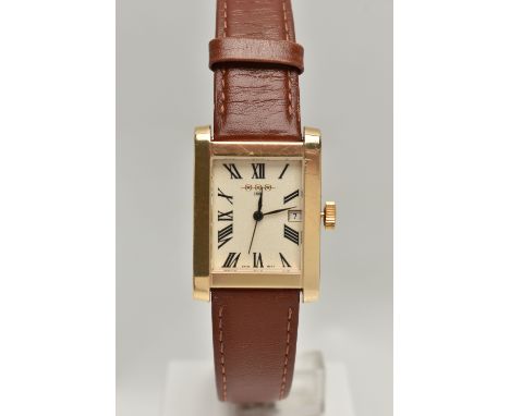 A 9CT GOLD 'W H WILMOT' WRISTWATCH, quartz movement, tank style case, rectangular gold glitter dial signed 'W.H.W', Roman num