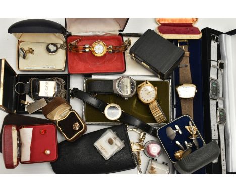 A BOX OF ASSORTED SILVER JEWELLERY AND WATCHES, to include a silver ingot, hallmarked Birmingham, suspended from a white meta