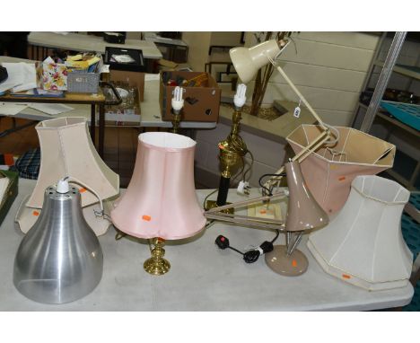 TWO MID-CENTURY ANGLEPOISE LAMPS, comprising a beige model 90 with circular base, a cream square stepped base lamp made by He