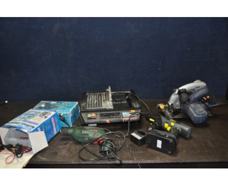 A COLLECTION OF POWER TOOLS comprising of a Bosch PSB1000RE hammer drill, a Performance Pro CLM1400CS circular saw, a Cougar 