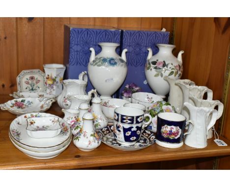 A GROUP OF CERAMIC GIFT AND TEA WARES, to include two boxed Wedgwood 'Victoria' shape vases, in Hathaway Rose and Clementine 