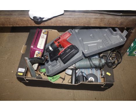 A box containing a quantity of tools to include Black & Decker angle grinder and Xtreme drill