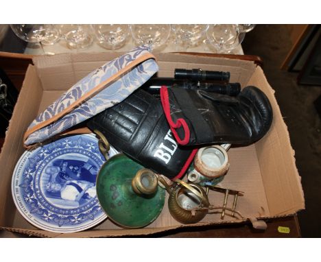 A pair of boxing gloves, a Celestron travel telescope, small trivet stand, chamber stick, a Liberty of London handbag