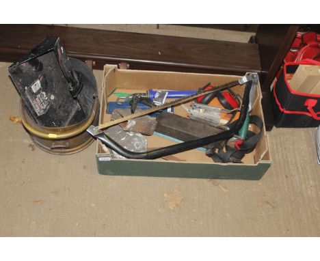 A coal bucket together with a box containing a small quantity of tools