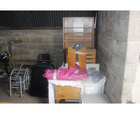A large quantity of various furniture to include shelf, side table, opine chest of four drawers, bedside chest, mirror, dress