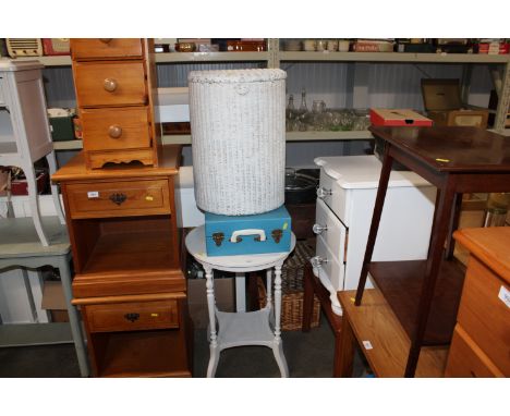 A Loom storage basket, a picnic box with part contents and a painted occasional table