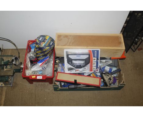 A box containing various workshop tools and a further box containing fastenings and fixings